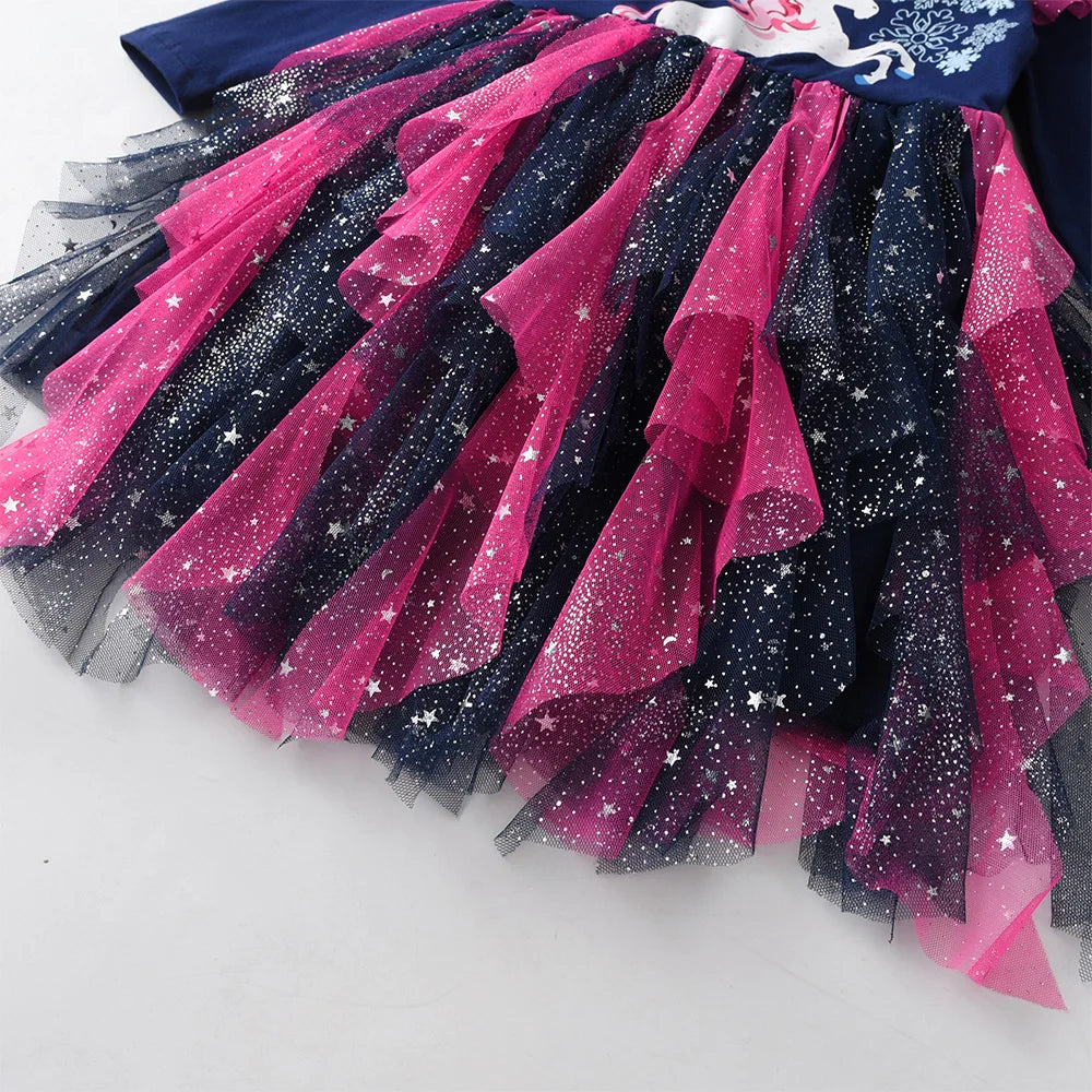 Kids Girls Snowflakes Print Layered Mesh Tulle Princess Dress childrensterritory
