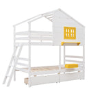 Hut Design Twin over Twin Bunk Bed with Window and Two Drawers childrensterritory