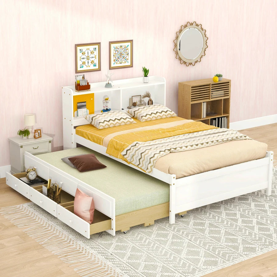 Full-size LED Bed with USB, Trundle and 3 Storage Drawers childrensterritory