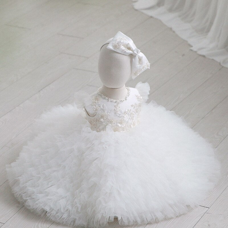 Pearl-Decorated Multilayared Baby Christening Dress childrensterritory