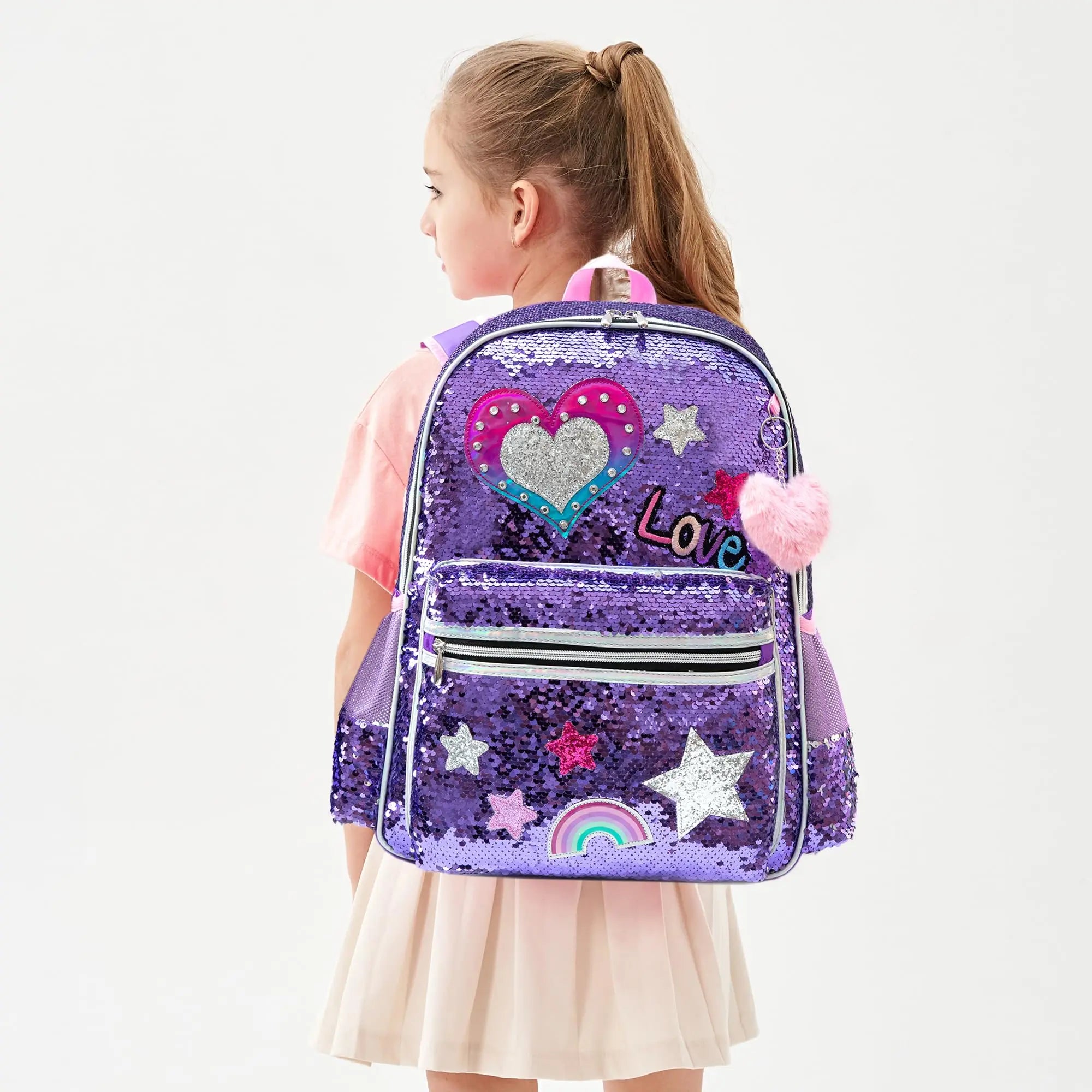Kids Sequin Backpack with Lunch Box Pencil Case for Girls
