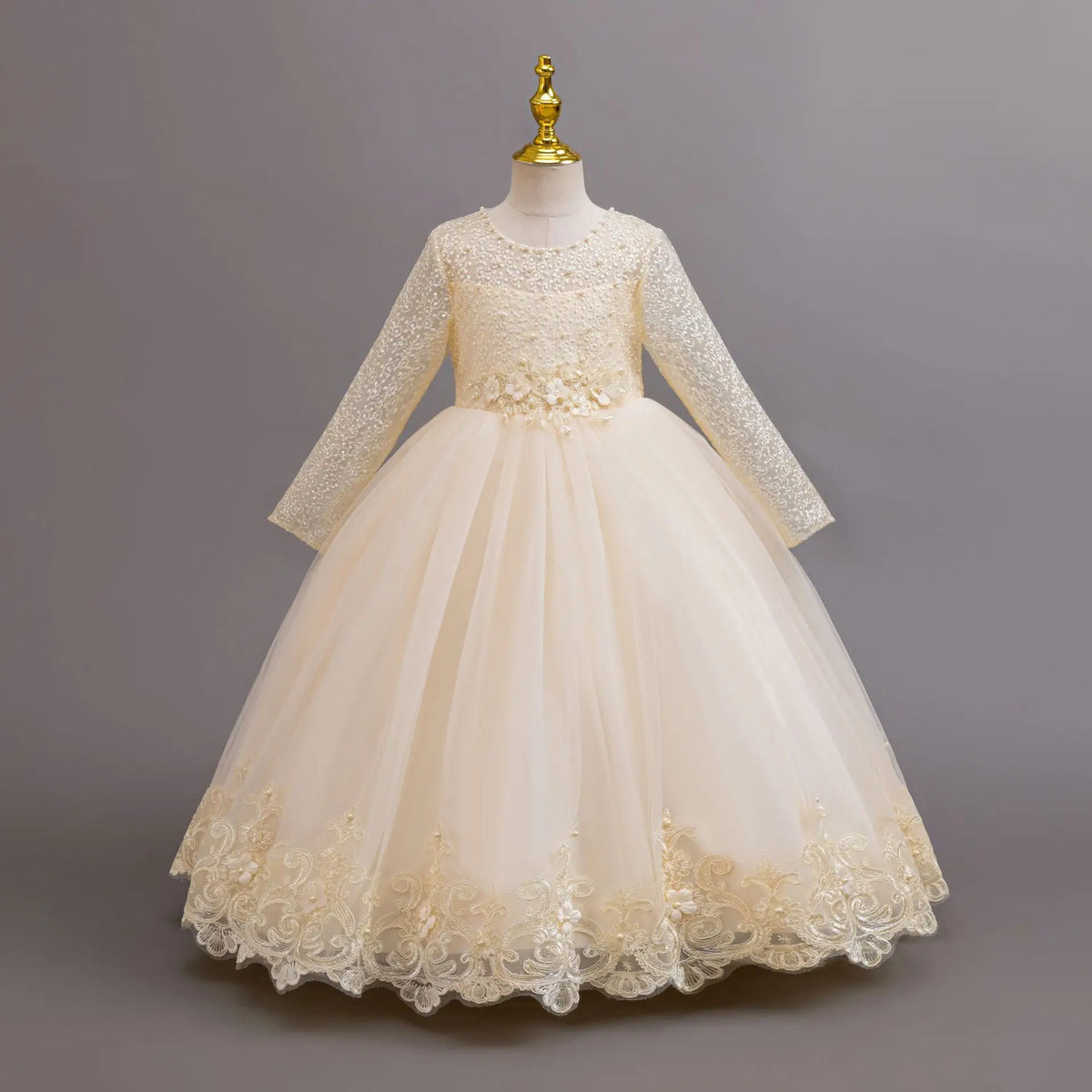 Long Sleeve Flower Design Elegant Dress For Girls childrensterritory