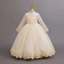 Long Sleeve Flower Design Elegant Dress For Girls childrensterritory