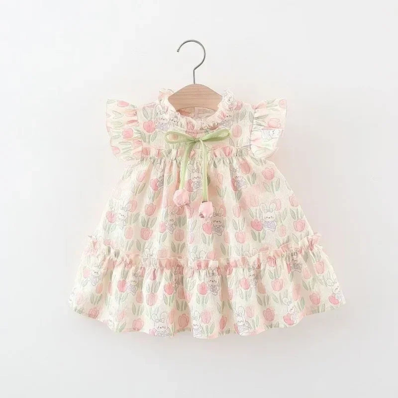 Baby Girl Cartoon Rabbit Tulip Print Dress for Summer