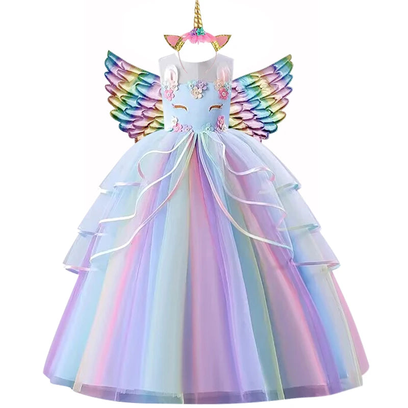 Girls' Unicorn Printed Lace Panel Birthday Party Dresses