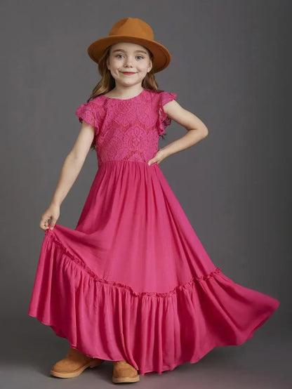 Lace Design Kids Girls Long Cotton Dresses for Summer childrensterritory