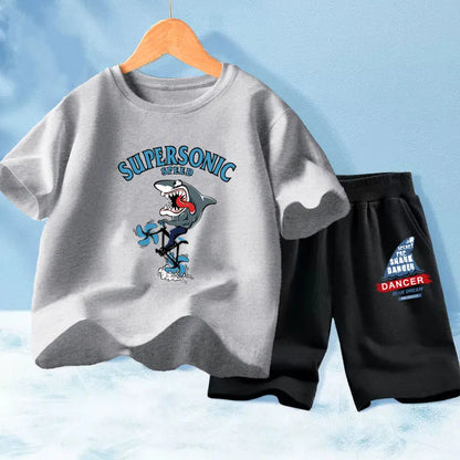 Kids Boy Funny Shark Print T-Shirts and Half Pants Set childrensterritory