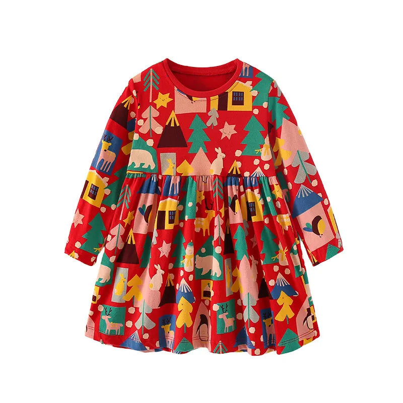 Kids Girls Cartoon Print Long Sleeve Winter Party Dresses childrensterritory