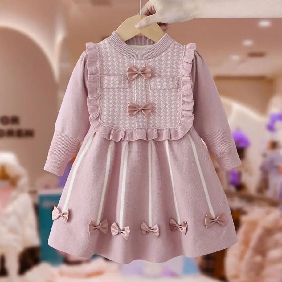 Girls' Long-Sleeved Bow-Design Winter Dresses childrensterritory