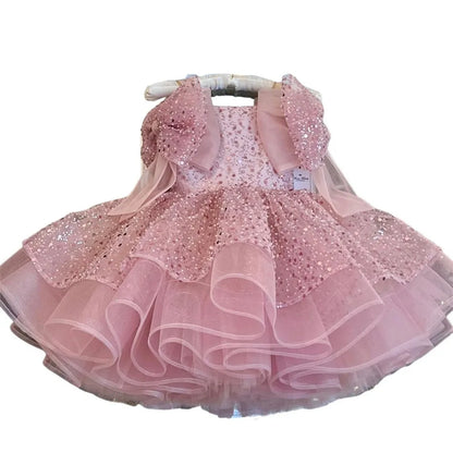Pink Glitter Tiered Tutu Princess Birthday Party Prom Gown