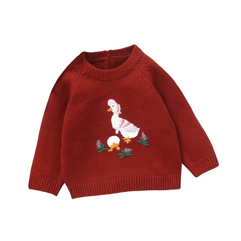 Round Neck Duck Embroidery Design Winter Sweater For Baby