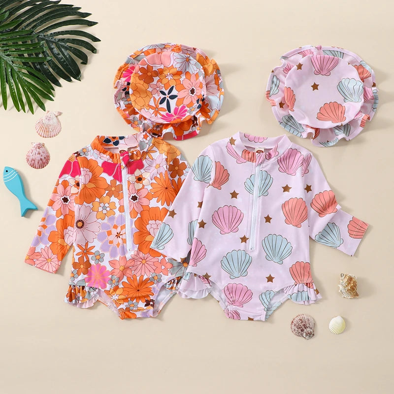 Tie-Up Hollow-Out Kids Girls Floral Print Swimwear with Hat