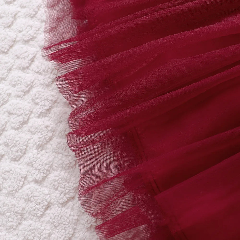 Girls' Round Neck Long Sleeves Bow Lace Design Party Dresses