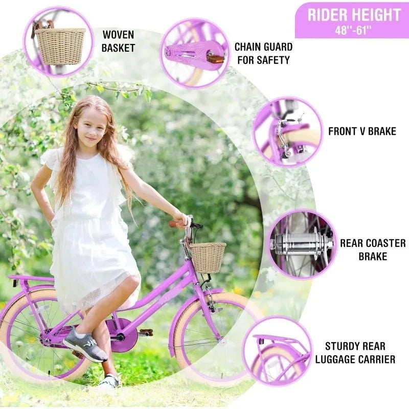 Kid Girls Bicycle with Basket, Front V Brake and Rear Coaster Brake childrensterritory