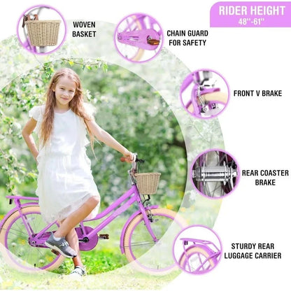 Kid Girls Bicycle with Basket, Front V Brake and Rear Coaster Brake childrensterritory