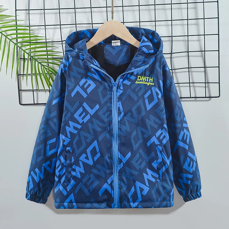 Boys Letter Print Hooded Waterproof Fleece Jackets childrensterritory