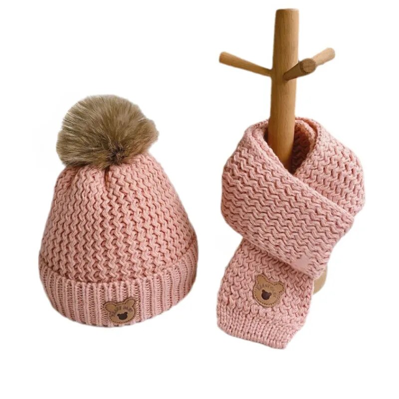 2Pcs Cute Bear Embroidery Baby Hats and Scarf Set childrensterritory