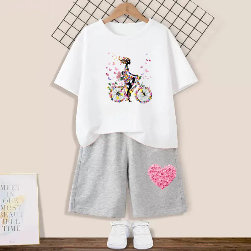 Kids Girls Butterfly High Heel T-shirt +Shorts 2 Piece Tracksuits childrensterritory
