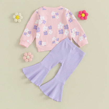 Floral Print Tops with Flare Pants Fall Clothing Set for Girls childrensterritory
