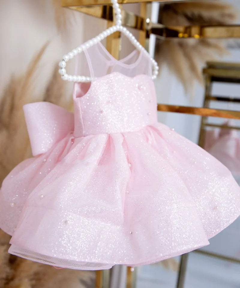 Baby/Kid Girls Light Pink Sparkly First Birthday Dress With Pearls childrensterritory