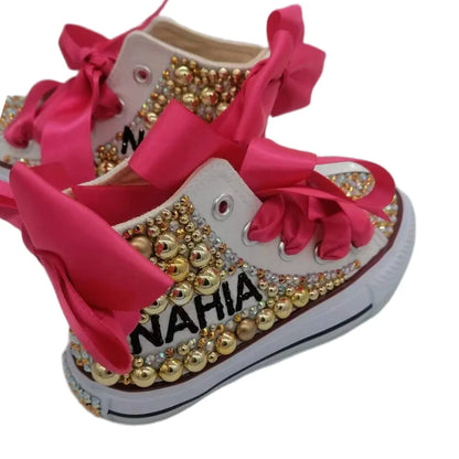 Kids Girls Pink Sparkle Gold Rhinestones Canvas Sneakers