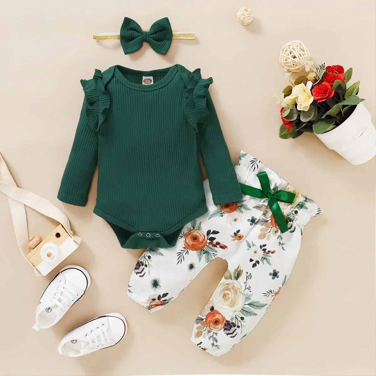 3Pcs Newborn Girl Bodysuit, Bow, Floral Pants Clothing Set childrensterritory