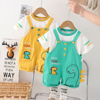 Baby Boys Strips T-Shirt Cartoon Print Denim Bib Pants 2Pcs/Set childrensterritory