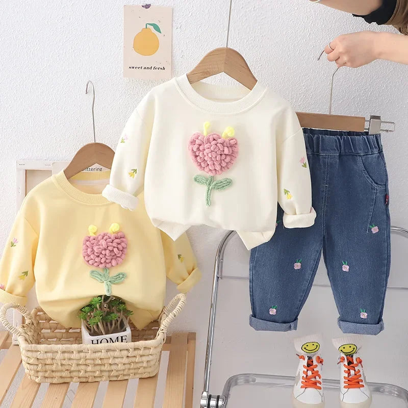 Flower Design Kids Casual Sweatshirt Two-Piece Suit childrensterritory