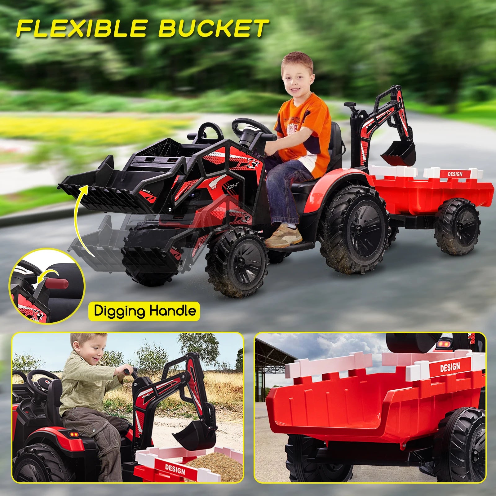 3 in 1 Remote Control Kids Ride on Tractor, Excavator & Bulldozer Toy