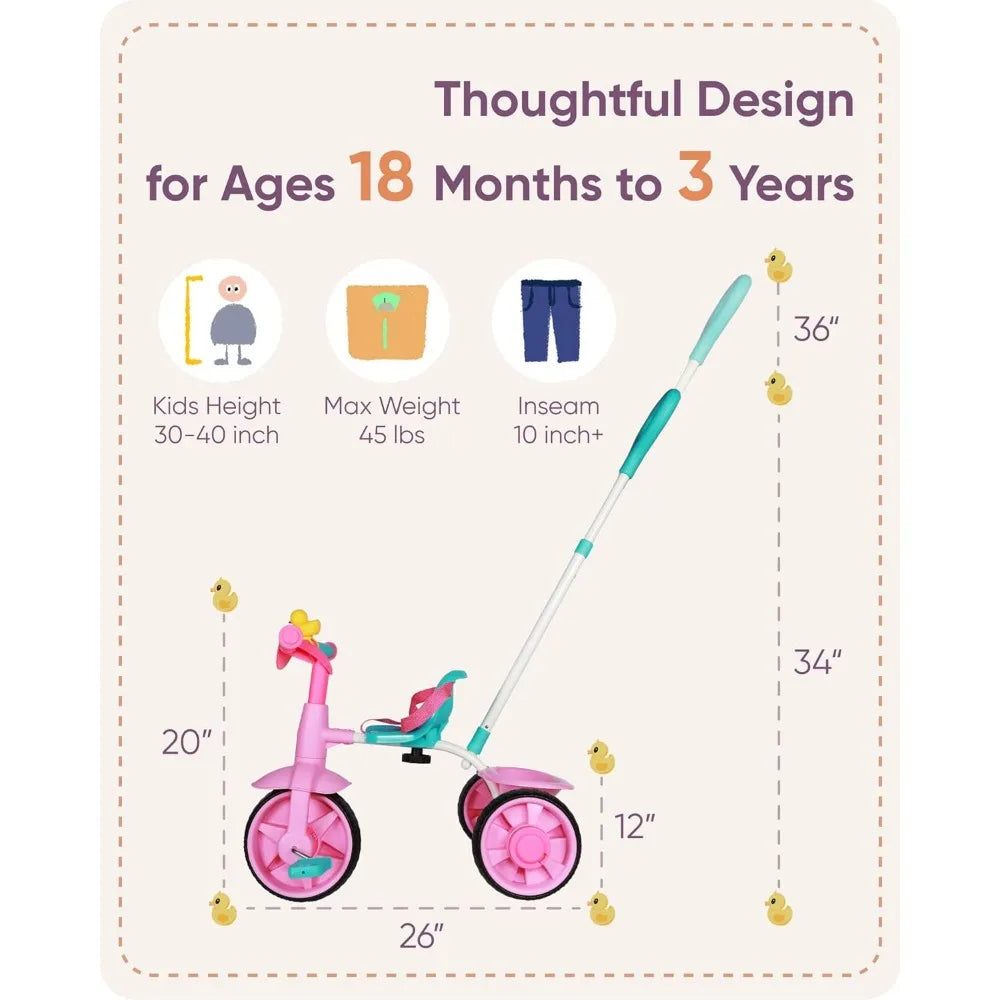 2 in 1 Kids Tricycles with Push Handle and Duck Bell childrensterritory
