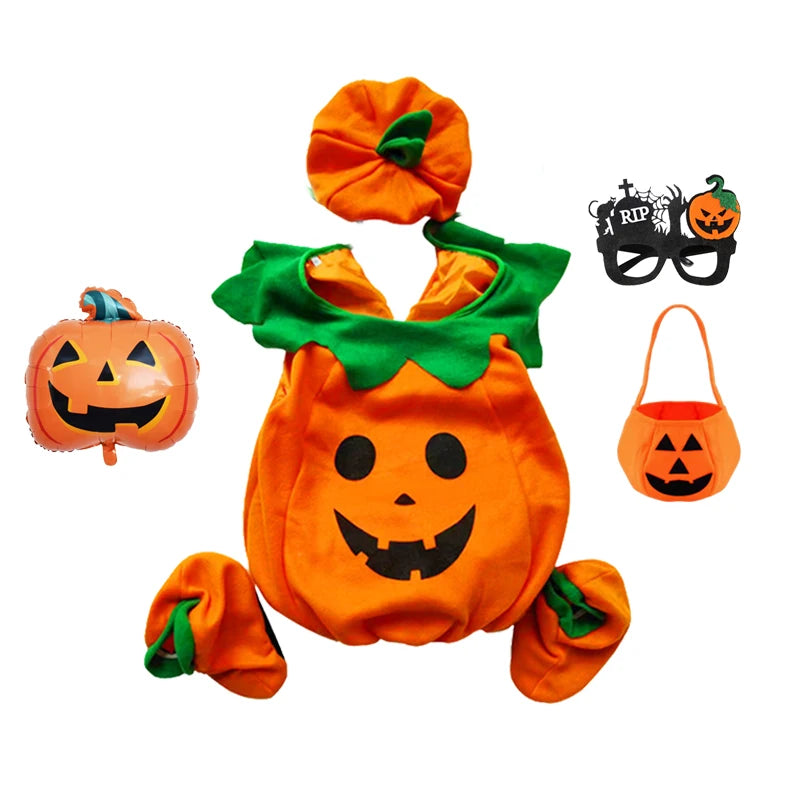 Kids Girls Fancy Cosplay Dresses for Halloween with Pumpkin Bag