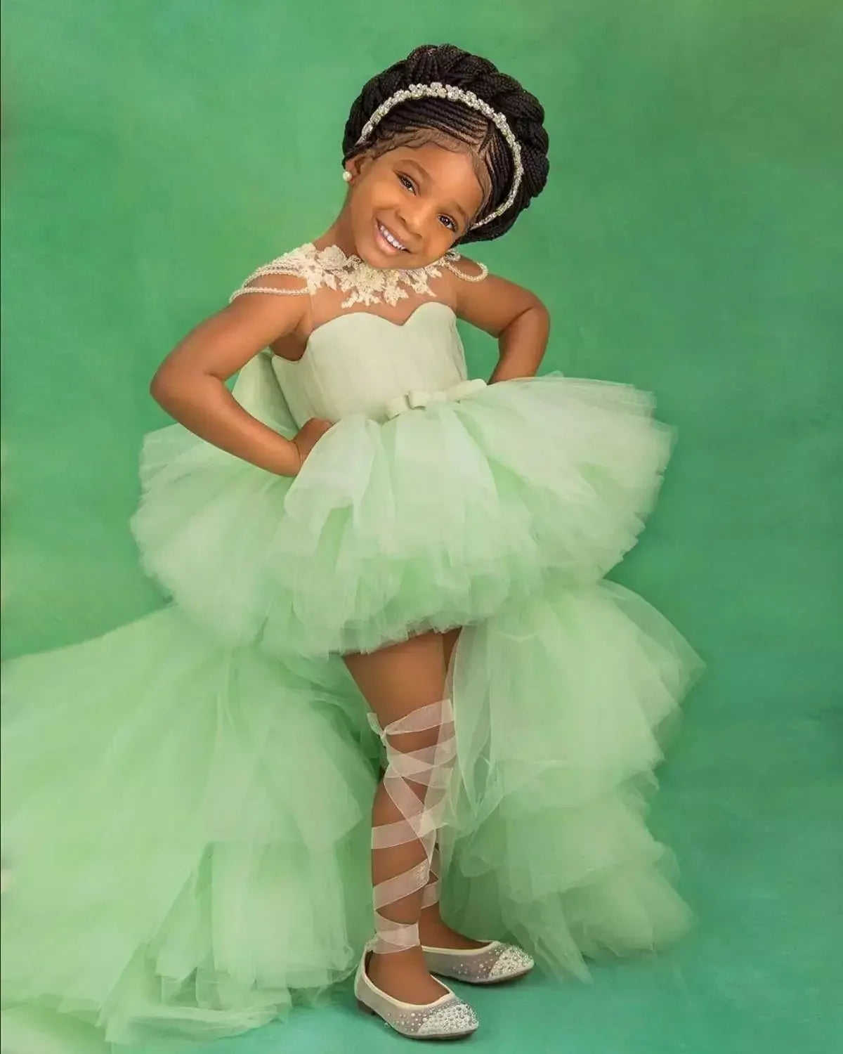 Little Girls Mint Green Tiered High-Low First Communion Gown childrensterritory
