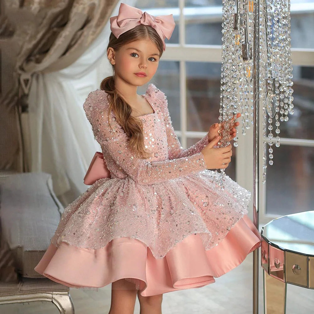 Kids Girls Glitter Sequin Puffy Dresses For Birthday Party