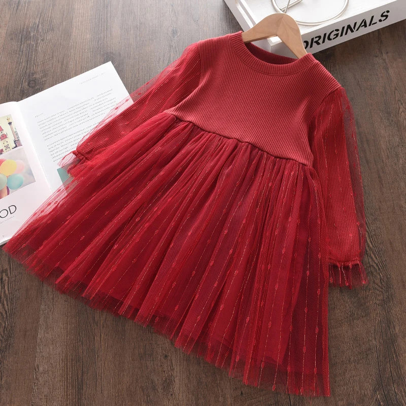 Kids Girls Long Sleeve Mesh Cotton Winter Party Dresses