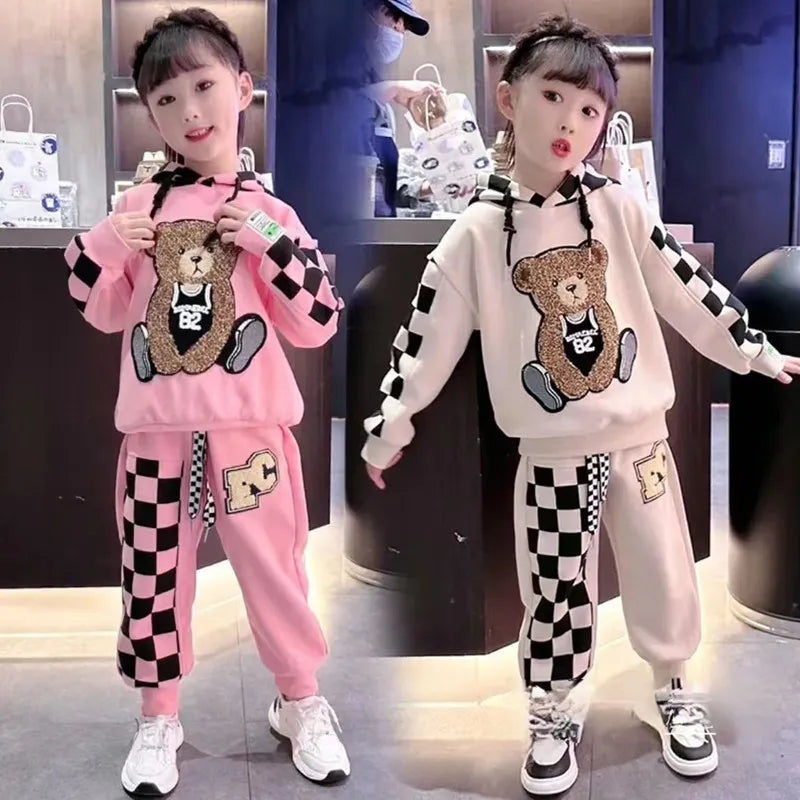 Kids Cartoon Bear Design Plush Hooded 2pcs Sports Suit Set childrensterritory
