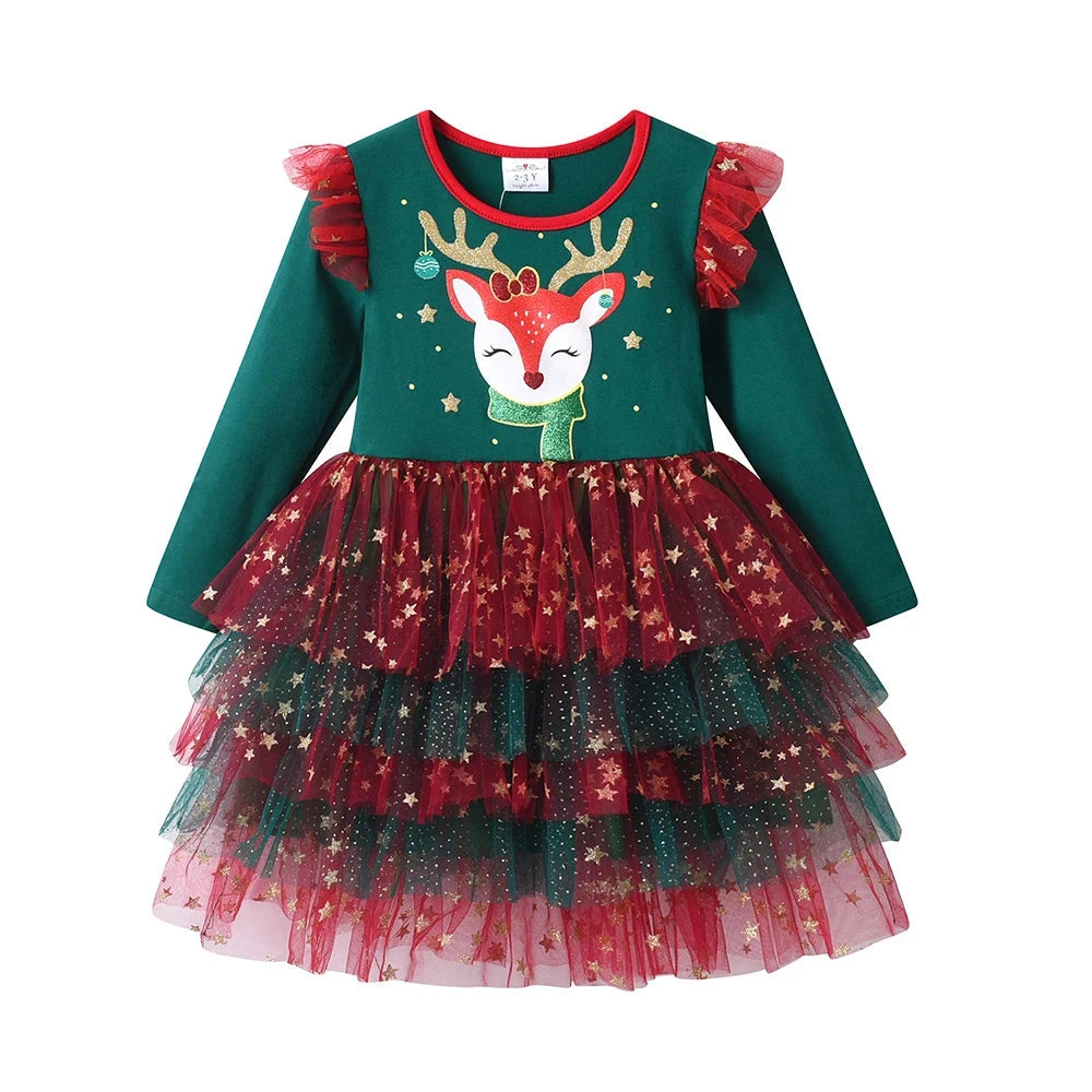 Kids Girls Reindeer Print Christmas Party Dress childrensterritory