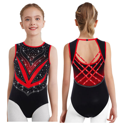 Kids Girls Mesh Rhinestones Design Gymnastics Leotard/Dancewear childrensterritory