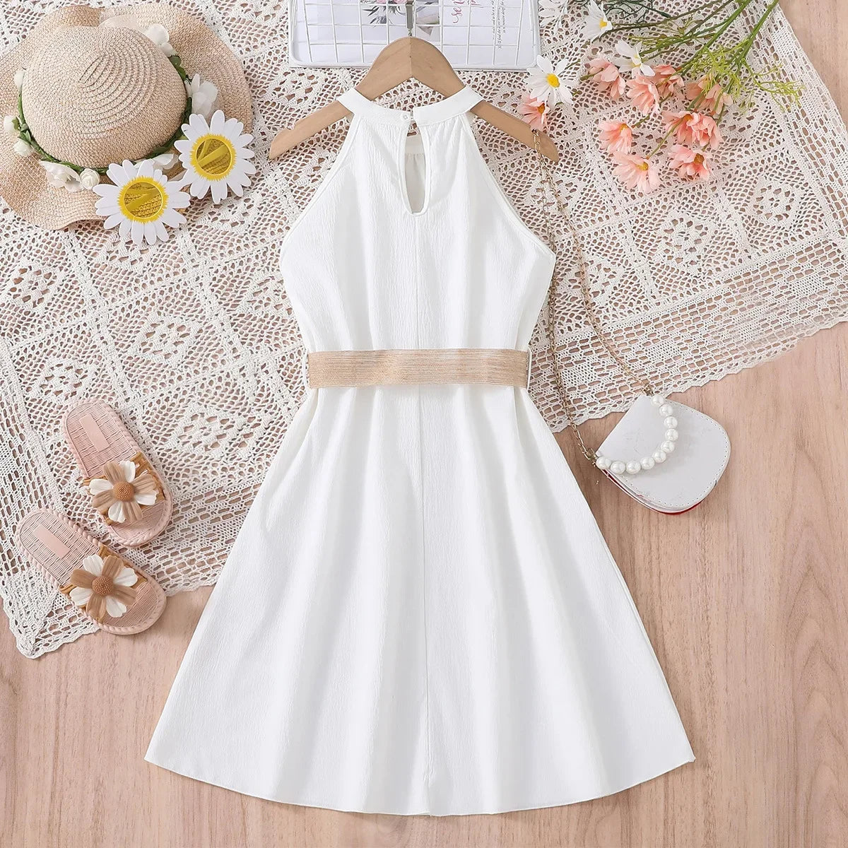 Kids Girls Off Shoulder Formal Summer Party Dresses With Belt