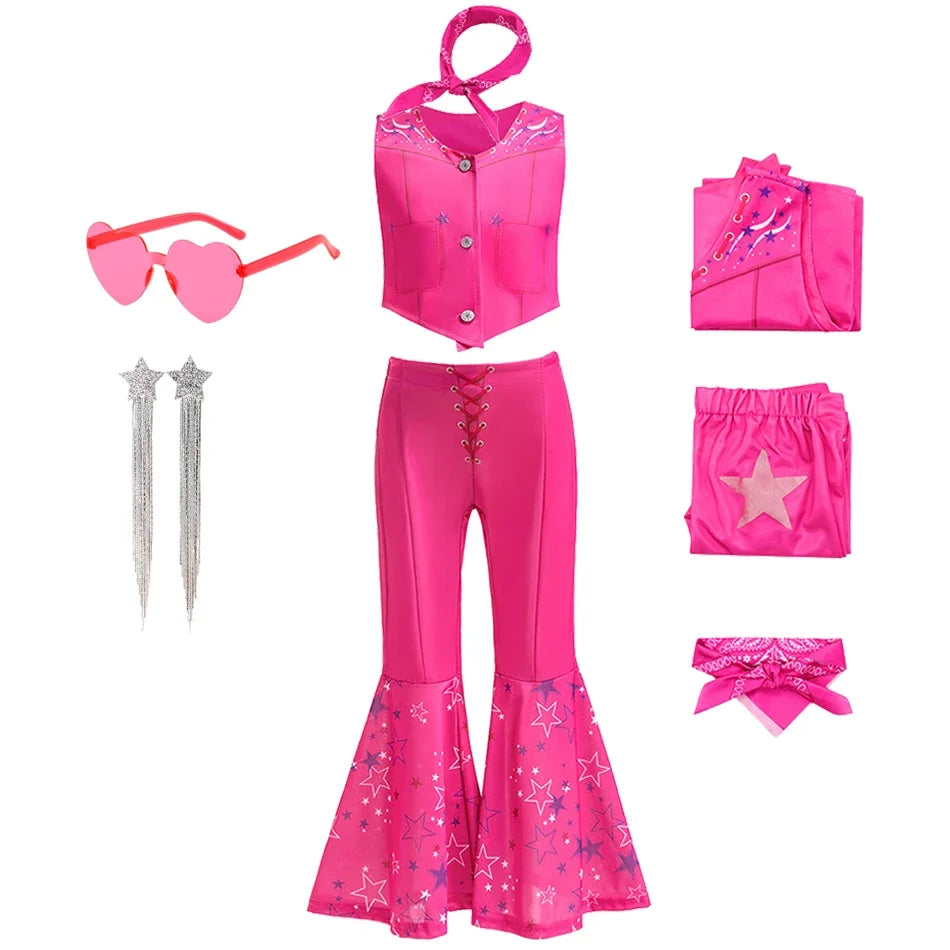 Kids Girls Starry Vest Top Pants Scarf Barbie Costume for Halloween