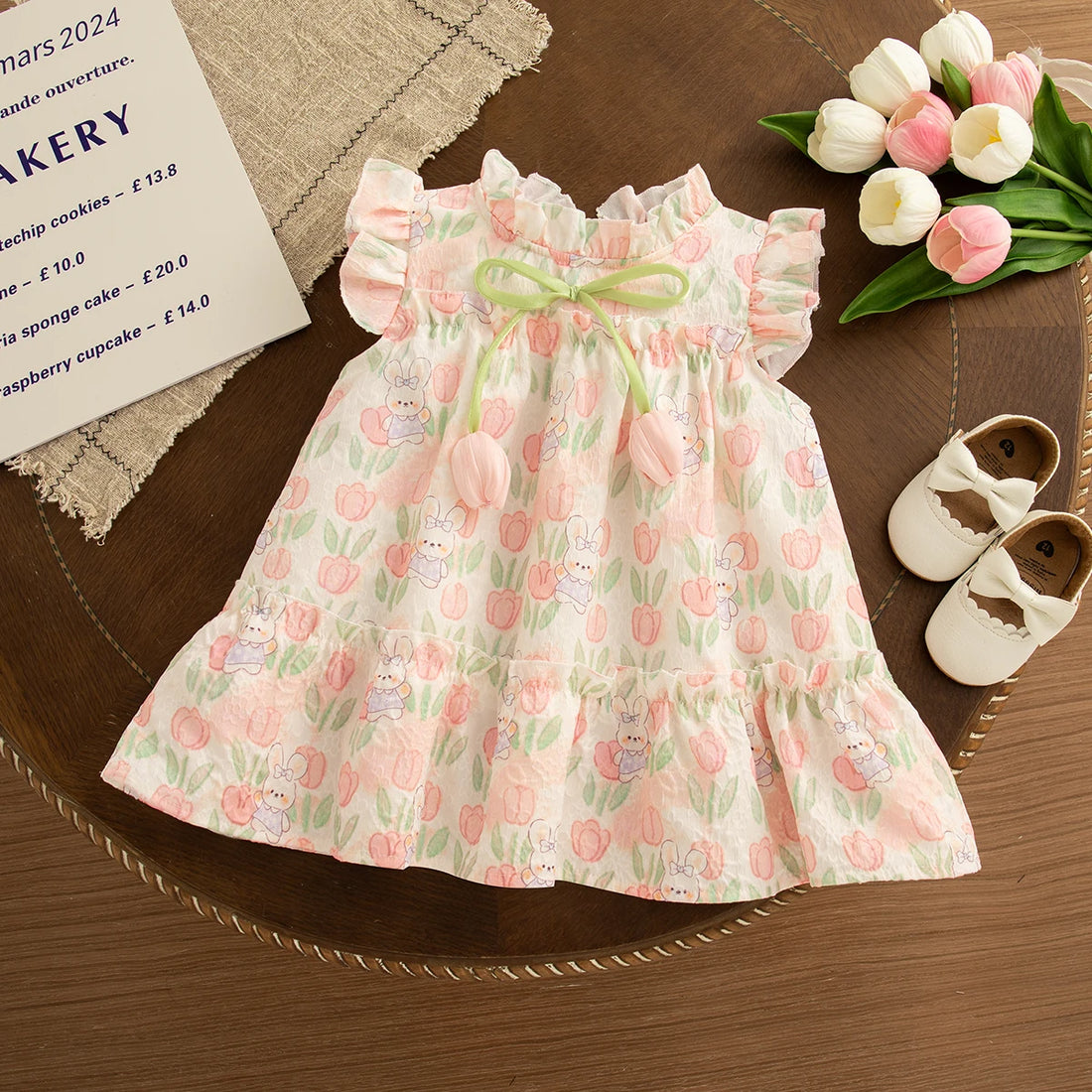 Baby Girl Cartoon Rabbit Tulip Print Dress for Summer