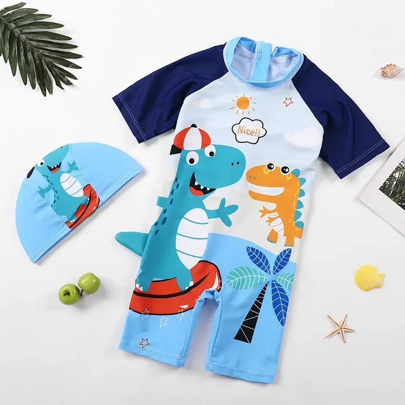 Cartoon Dinosaur Toddler Boy Rash Guard Swimwear with Cap
