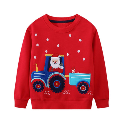 Kids Sweatshirts with Cartoon Tractor Santa Claus Embroidery childrensterritory