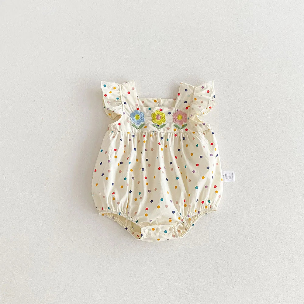 Baby Girl Colorful Dot Print Embroidered Summer Romper