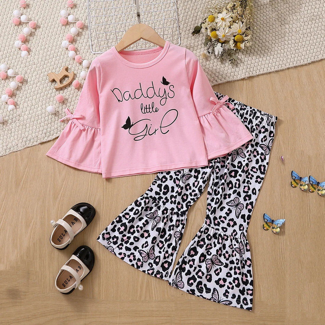 Girls Flared Sleeve Letter Printed Top with Leopard Print Pants Set childrensterritory