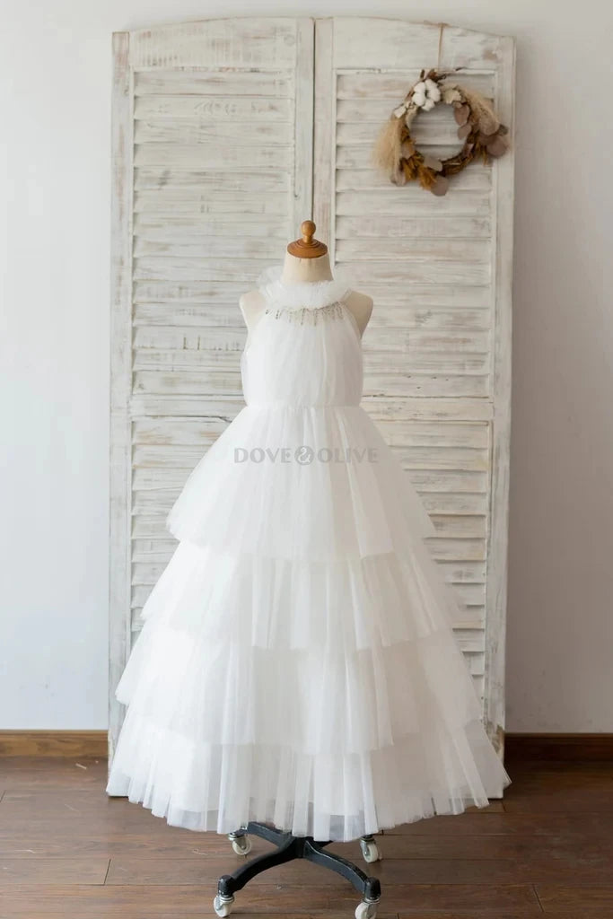 Tiered Tulle Champagne Flower Girl Dresses for Wedding