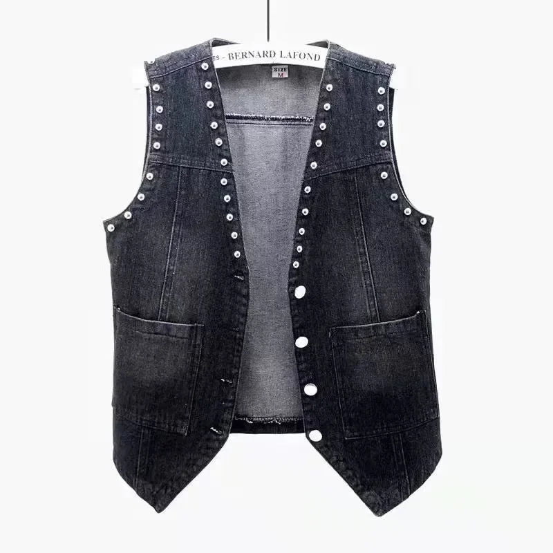 Loose Vintage Lace Beaded Design Denim Vest for Women
