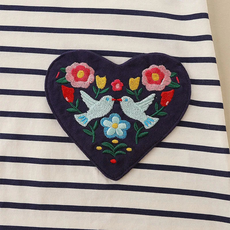 Heart and Birds Embroidery Girls Long Sleeves Dress childrensterritory