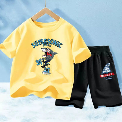 Kids Boy Funny Shark Print T-Shirts and Half Pants Set childrensterritory