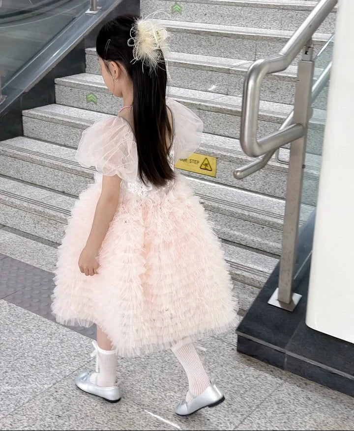 Little Girls Pink Tulle Tiered Gown for Birthday, Wedding, Baptism