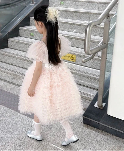 Little Girls Pink Tulle Tiered Gown for Birthday, Wedding, Baptism